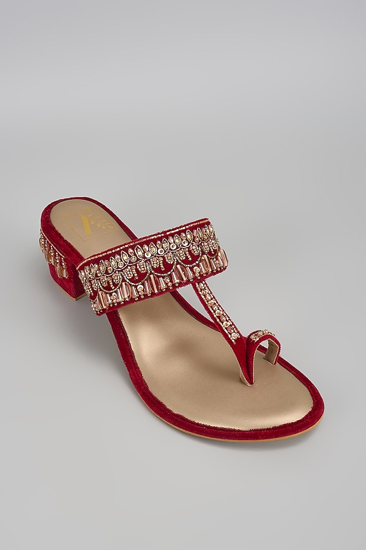 Red Velvet Cutdana Embroidered Block Heels by House of Vian at Pernia's Pop Up Shop