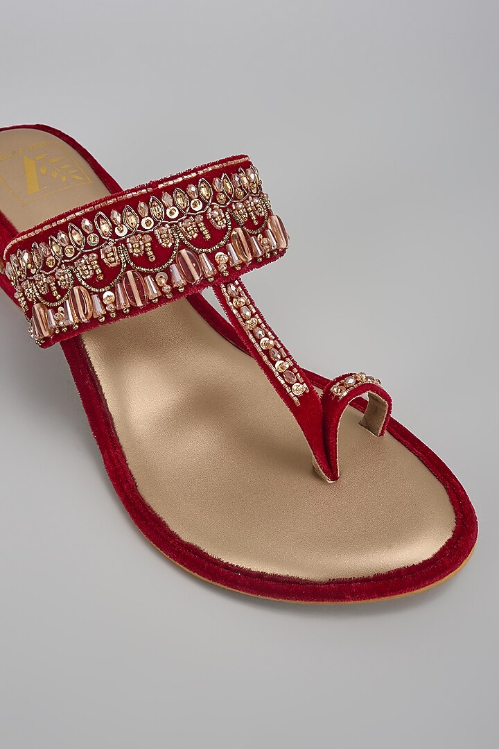 Red Velvet Cutdana Embroidered Block Heels by House of Vian at Pernia's Pop Up Shop
