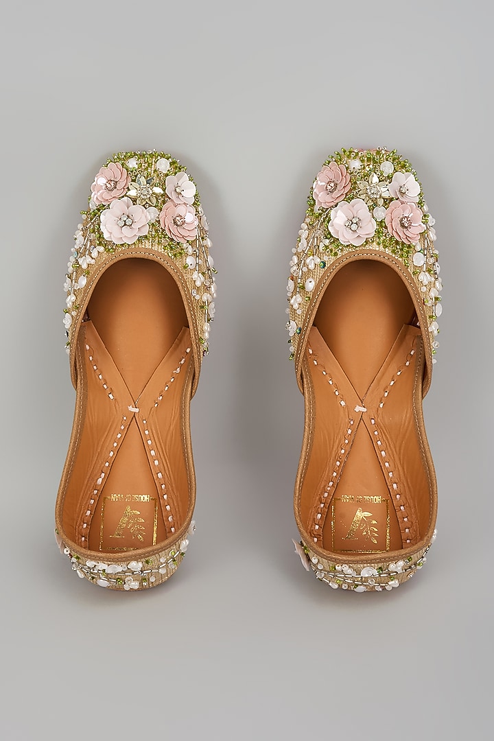 Gold Dupion Silk Dabka & Zardosi Embroidered Juttis by House of Vian at Pernia's Pop Up Shop