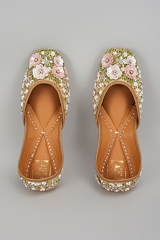 Gold Dupion Silk Dabka & Zardosi Embroidered Juttis by House of Vian