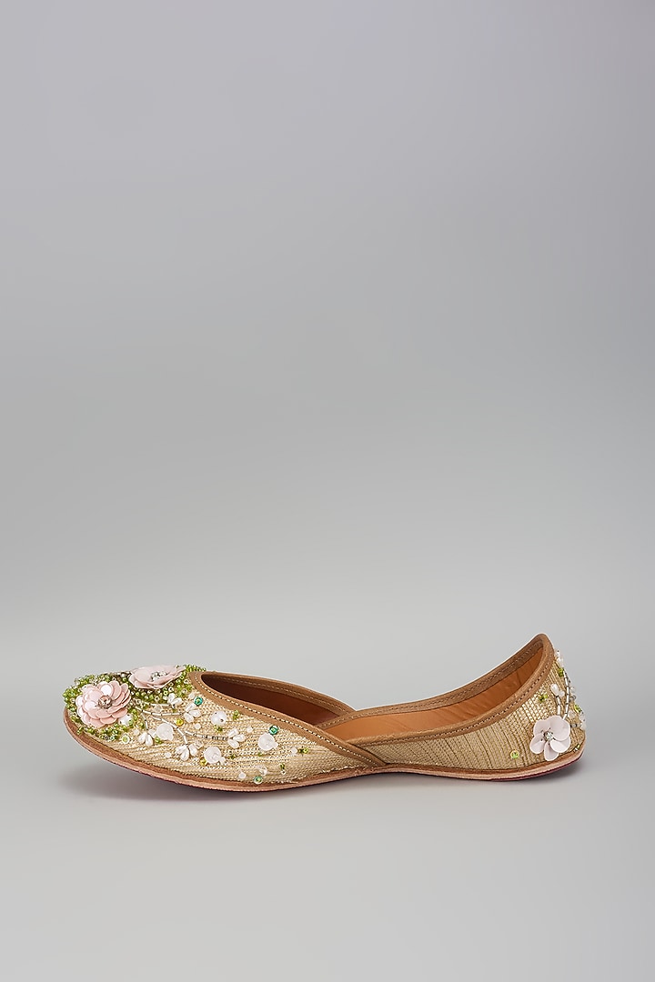 Gold Dupion Silk Dabka & Zardosi Embroidered Juttis by House of Vian at Pernia's Pop Up Shop