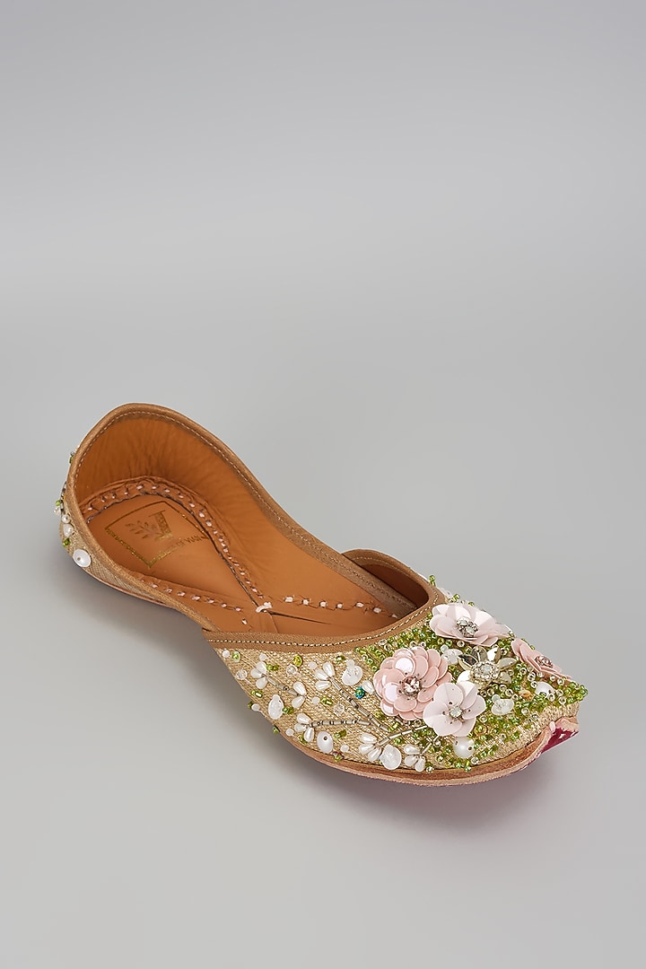 Gold Dupion Silk Dabka & Zardosi Embroidered Juttis by House of Vian at Pernia's Pop Up Shop