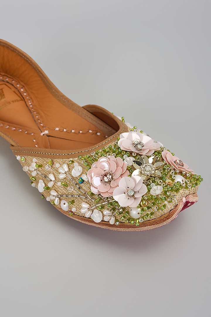 Gold Dupion Silk Dabka & Zardosi Embroidered Juttis by House of Vian at Pernia's Pop Up Shop