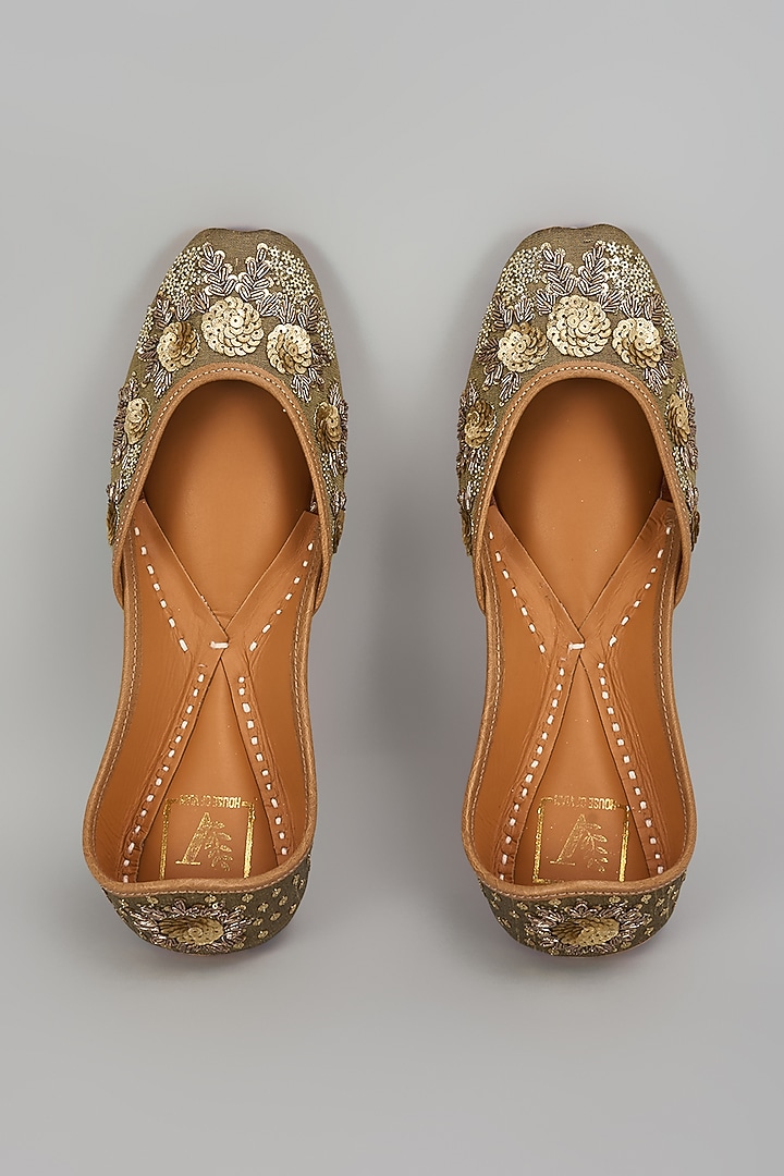 Antique Gold Silk Dabka Work Juttis by House of Vian at Pernia's Pop Up Shop