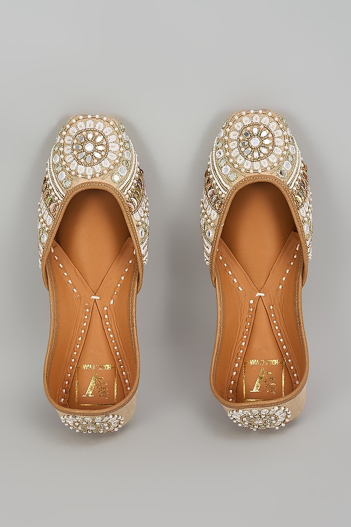 Light Gold Crepe Dabka & Mirror Work Juttis by House of Vian at Pernia's Pop Up Shop