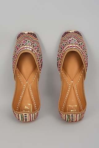 Gold Dupion Silk Sequins & Thread Embroidered Juttis by House of Vian