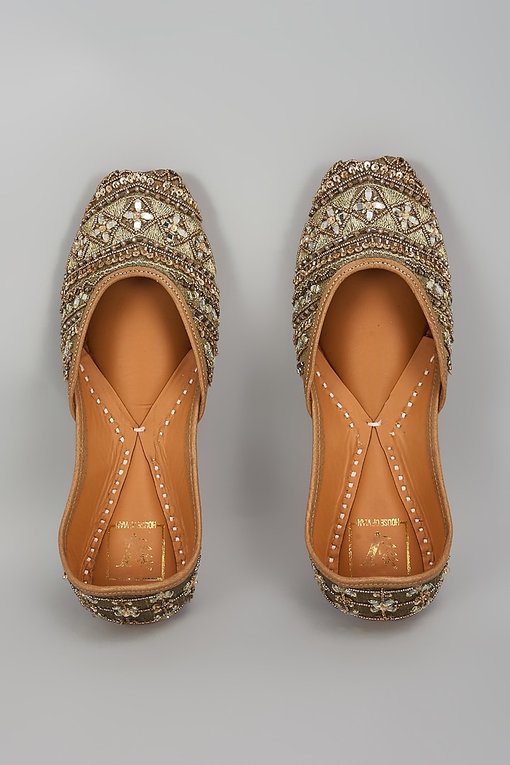 Antique Gold Silk Mirror Embroidered Juttis by House of Vian at Pernia's Pop Up Shop