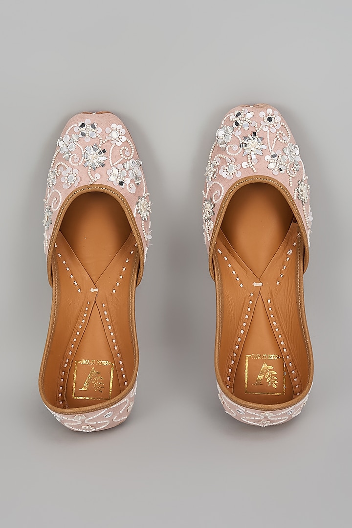 Soft Peach Suede Mirror & Sequins Work Juttis by House of Vian at Pernia's Pop Up Shop