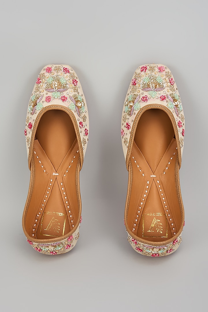 Beige Dupion Silk Cutdana & Sequins Work Juttis by House of Vian at Pernia's Pop Up Shop