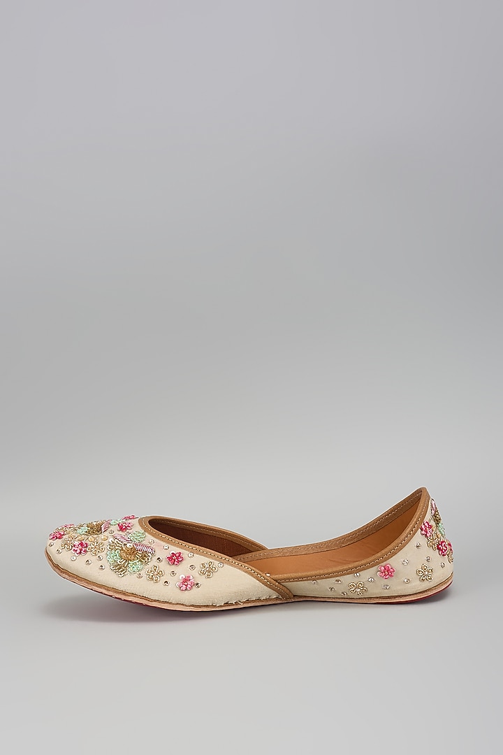 Beige Dupion Silk Cutdana & Sequins Work Juttis by House of Vian at Pernia's Pop Up Shop