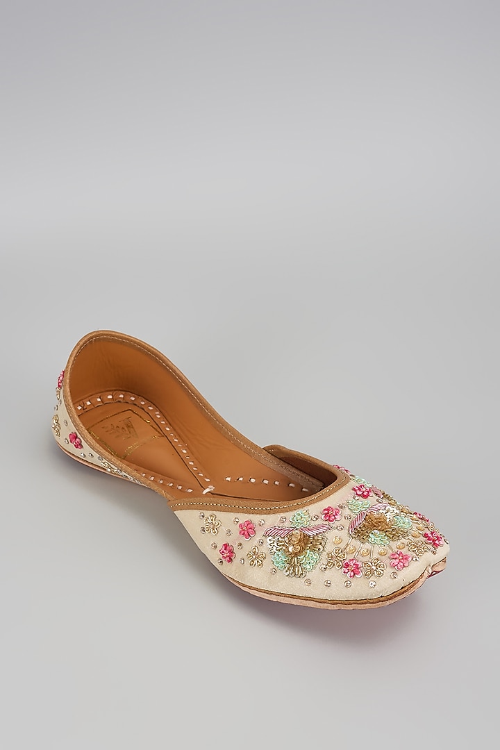 Beige Dupion Silk Cutdana & Sequins Work Juttis by House of Vian at Pernia's Pop Up Shop