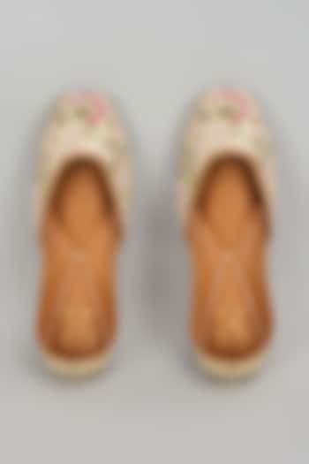 Beige Dupion Silk Zari & Mirror Work Juttis by House of Vian at Pernia's Pop Up Shop