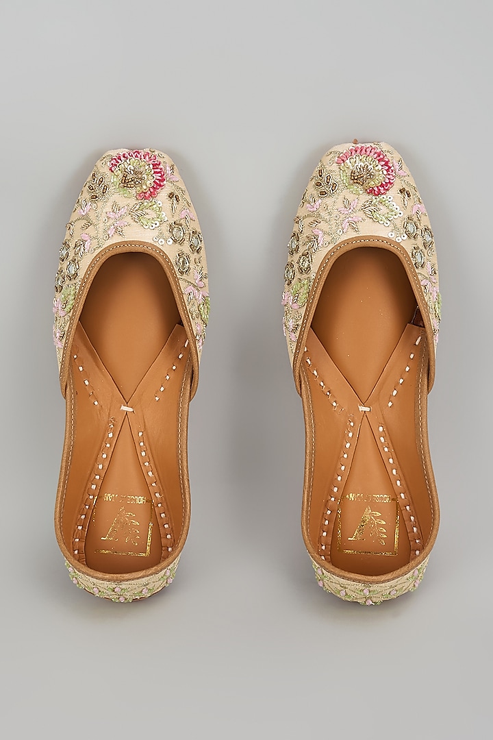 Beige Dupion Silk Zari & Mirror Work Juttis by House of Vian at Pernia's Pop Up Shop