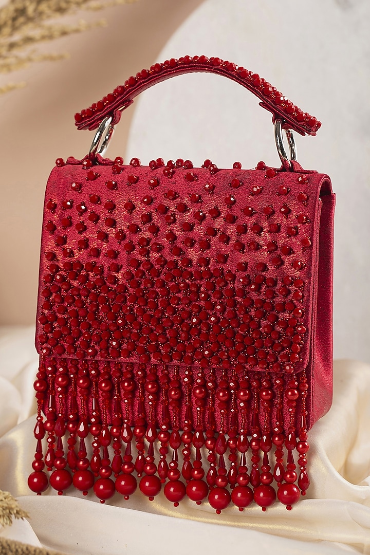 Red Hand Embroidered Clutch by House of Vian at Pernia's Pop Up Shop