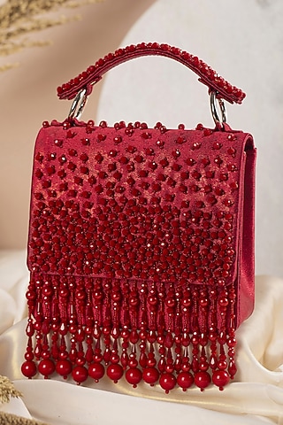 Red Textured Hand Embroidered Clutch by House of Vian