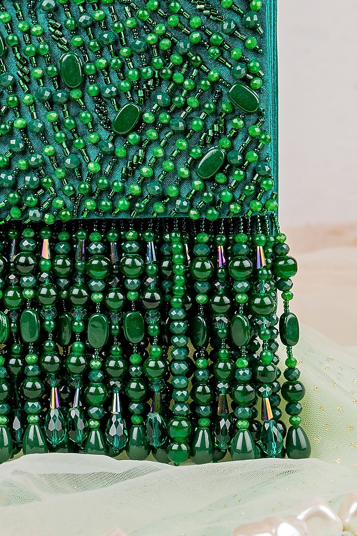 Green Textured Satin Embellished Clutch by House of Vian at Pernia's Pop Up Shop