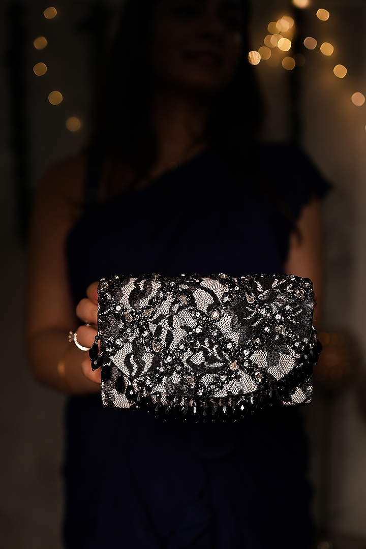 Black Chantilly Crystal Embroidered Belt Bag by House of Vian at Pernia's Pop Up Shop