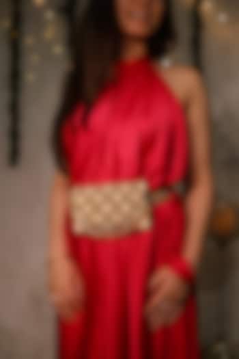 Beige Satin Bead Embroidered Belt Bag by House of Vian at Pernia's Pop Up Shop