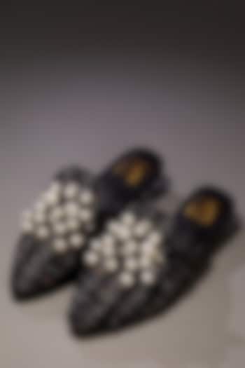 Black Tweed Pearl Embellished Mule Flats by House of Vian at Pernia's Pop Up Shop