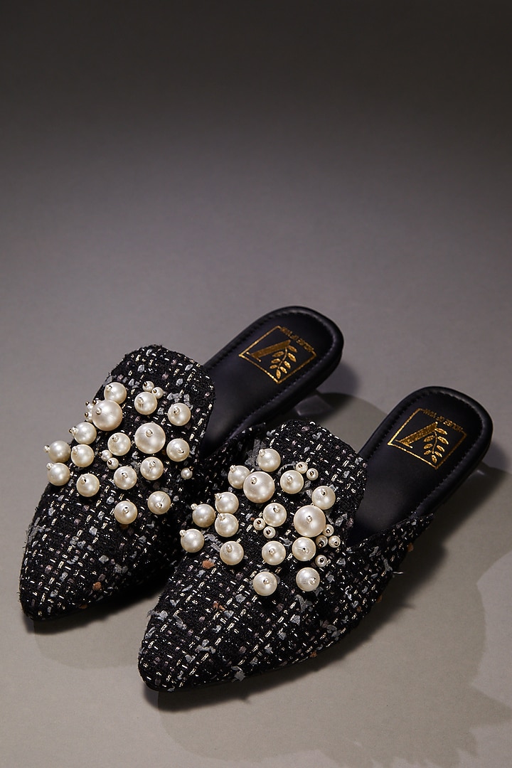 Black Tweed Pearl Embellished Mule Flats by House of Vian at Pernia's Pop Up Shop