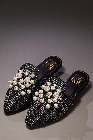 Black Tweed Pearl Embellished Mule Flats by House of Vian