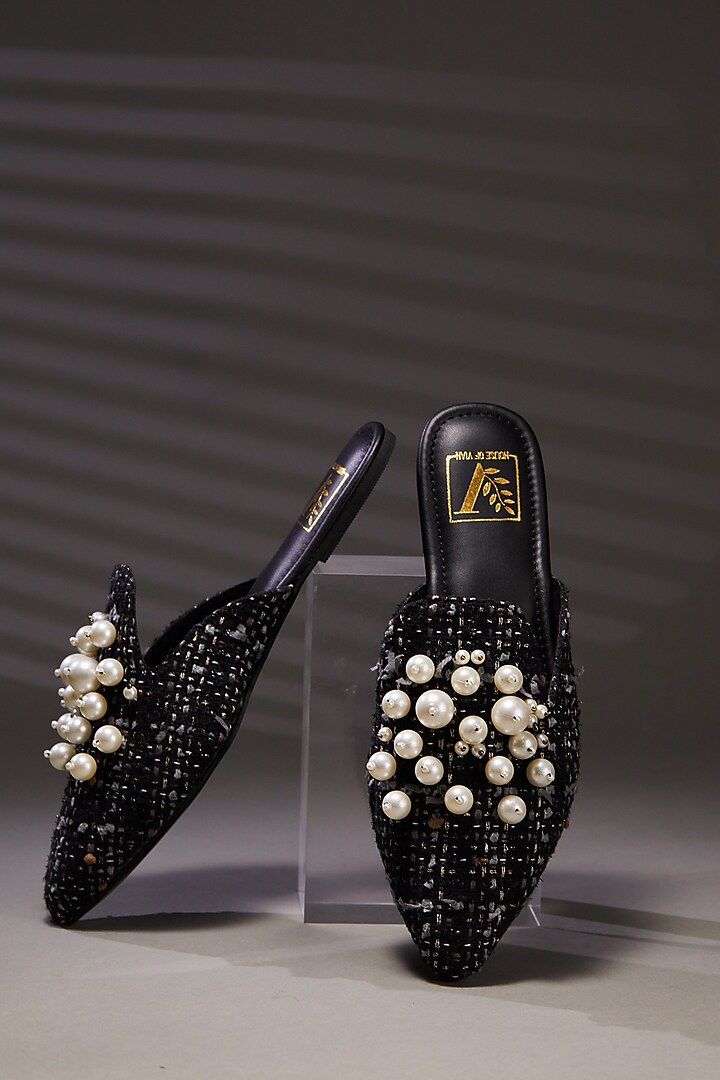 Black Tweed Pearl Embellished Mule Flats by House of Vian at Pernia's Pop Up Shop