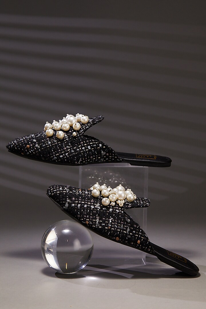 Black Tweed Pearl Embellished Mule Flats by House of Vian at Pernia's Pop Up Shop