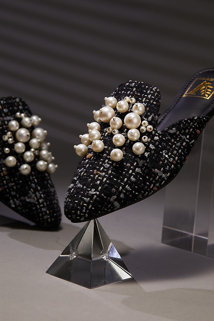 Black Tweed Pearl Embellished Mule Flats by House of Vian at Pernia's Pop Up Shop