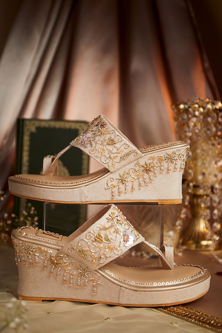 Gold Dupion Silk Embroidered Wedges by House of Vian at Pernia's Pop Up Shop