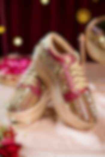 Red Dupion Silk Cutdana Embellished Sneakers by House of Vian at Pernia's Pop Up Shop