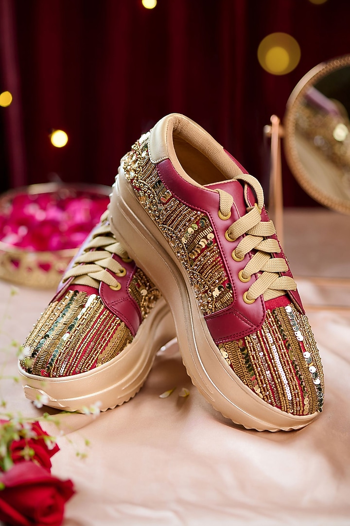 Red Dupion Silk Cutdana Embellished Sneakers by House of Vian at Pernia's Pop Up Shop