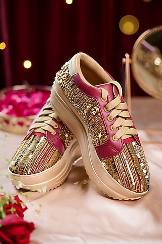 Red Dupion Silk Cutdana Embellished Sneakers by House of Vian