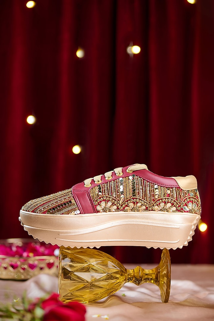 Red Dupion Silk Cutdana Embellished Sneakers by House of Vian at Pernia's Pop Up Shop
