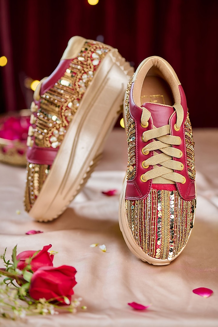 Red Dupion Silk Cutdana Embellished Sneakers by House of Vian at Pernia's Pop Up Shop