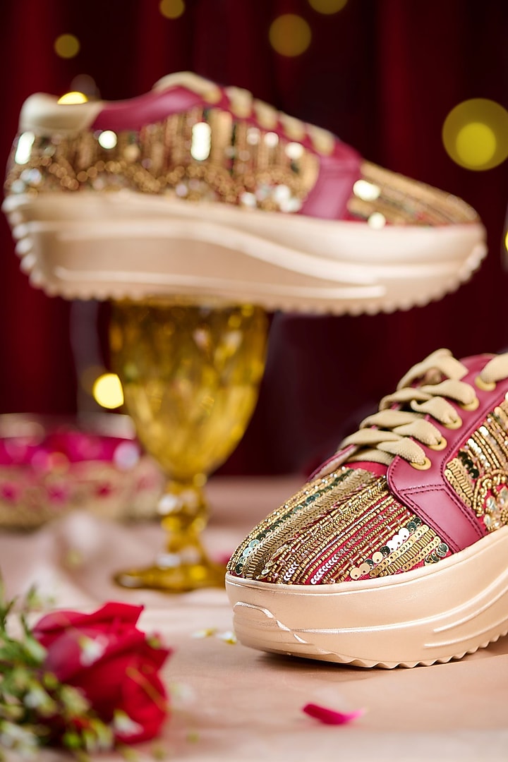 Red Dupion Silk Cutdana Embellished Sneakers by House of Vian at Pernia's Pop Up Shop