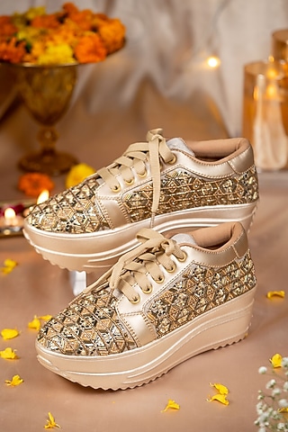 Gold Shimmer Fabric Cutdana Work Sneakers by House of Vian