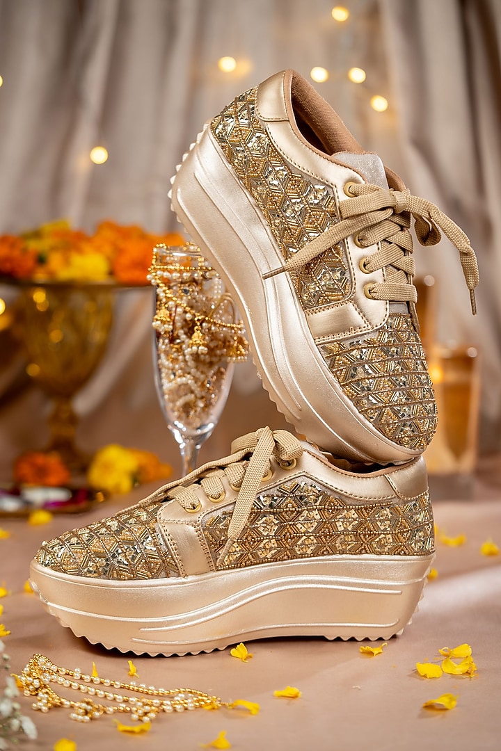 Gold Shimmer Fabric Cutdana Work Sneakers by House of Vian at Pernia's Pop Up Shop