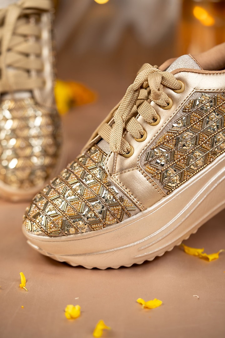 Gold Shimmer Fabric Cutdana Work Sneakers by House of Vian at Pernia's Pop Up Shop