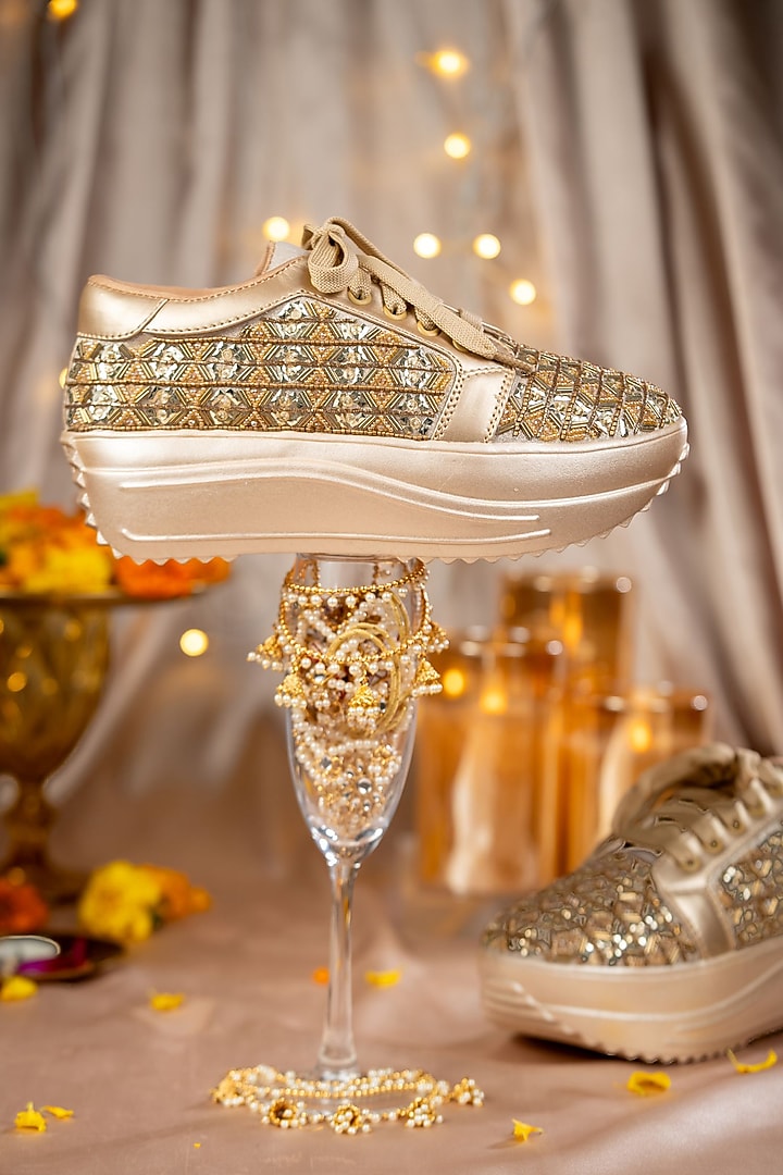 Gold Shimmer Fabric Cutdana Work Sneakers by House of Vian at Pernia's Pop Up Shop