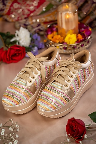 Multi-Colored Satin Hand Embroidered Sneakers by House of Vian