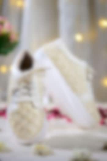 White Satin Hand Embroidered Sneakers by House of Vian at Pernia's Pop Up Shop
