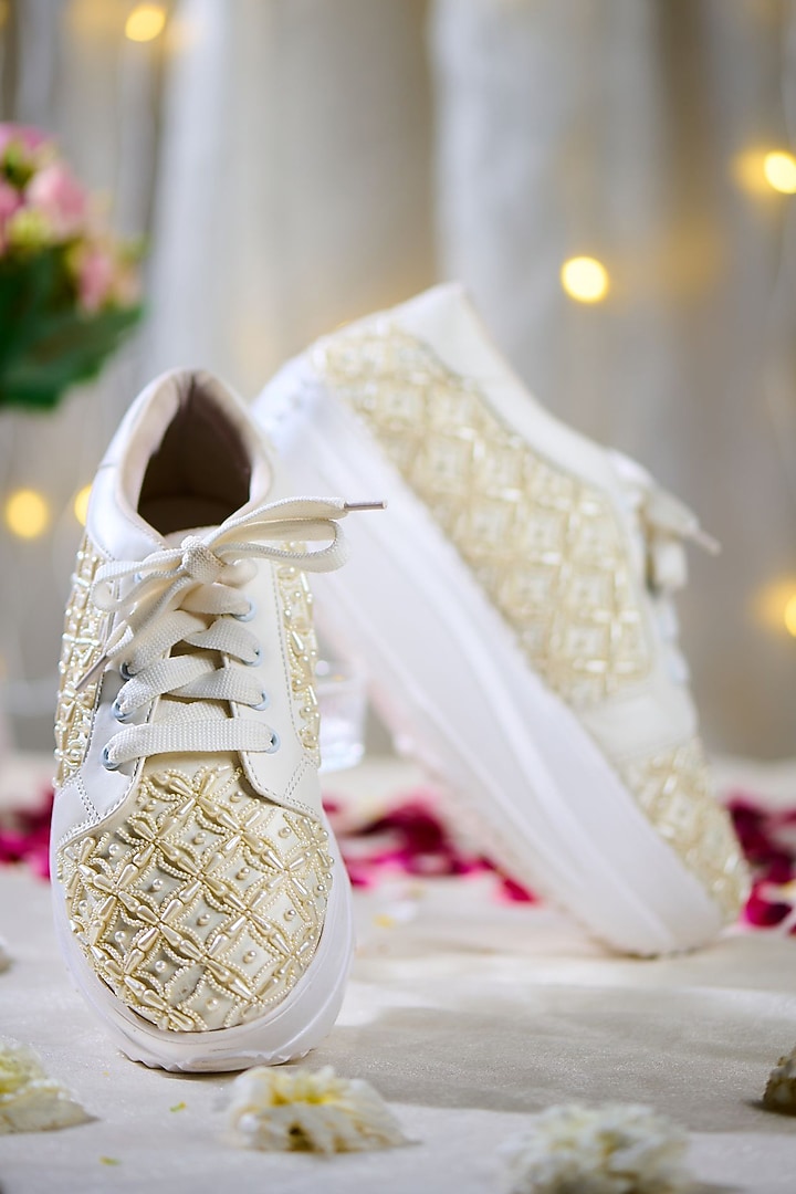 White Satin Hand Embroidered Sneakers by House of Vian at Pernia's Pop Up Shop
