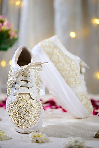 White Satin Hand Embroidered Sneakers by House of Vian