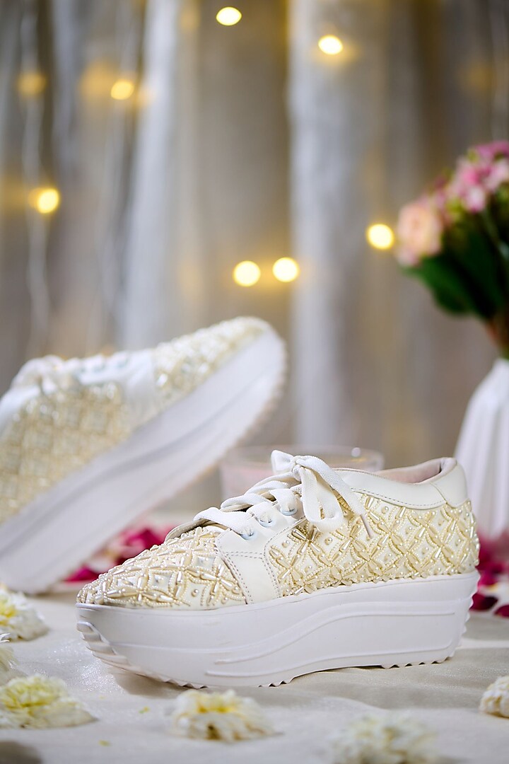 White Satin Hand Embroidered Sneakers by House of Vian at Pernia's Pop Up Shop