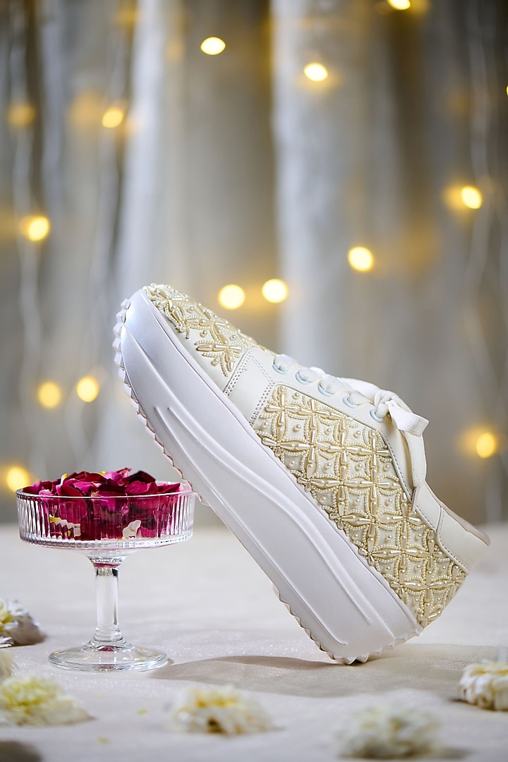 White Satin Hand Embroidered Sneakers by House of Vian at Pernia's Pop Up Shop