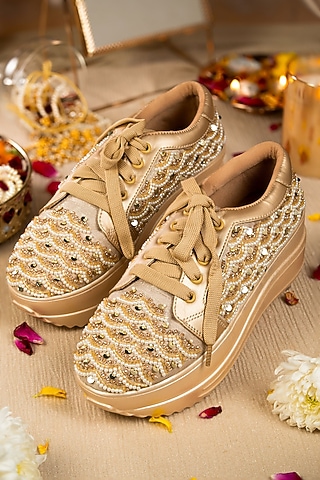 Gold Satin Dabka Work Sneakers by House of Vian
