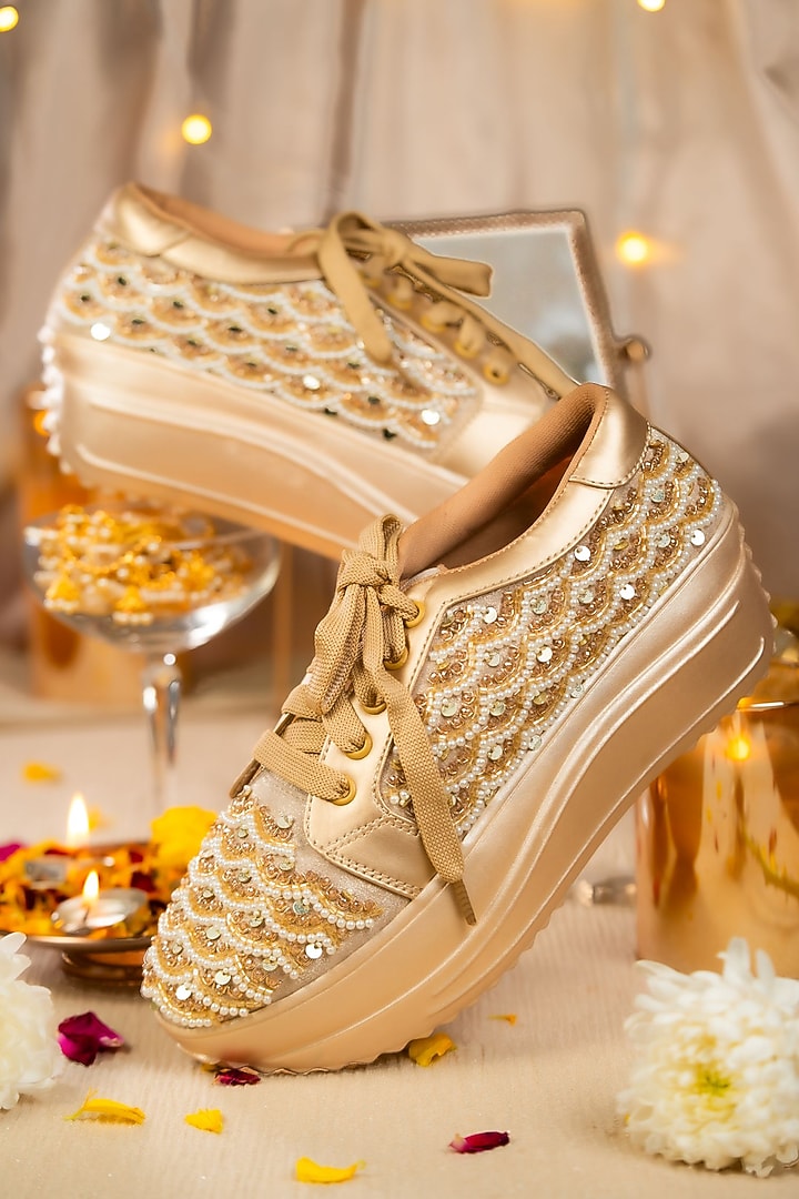 Gold Satin Dabka Work Sneakers by House of Vian at Pernia's Pop Up Shop