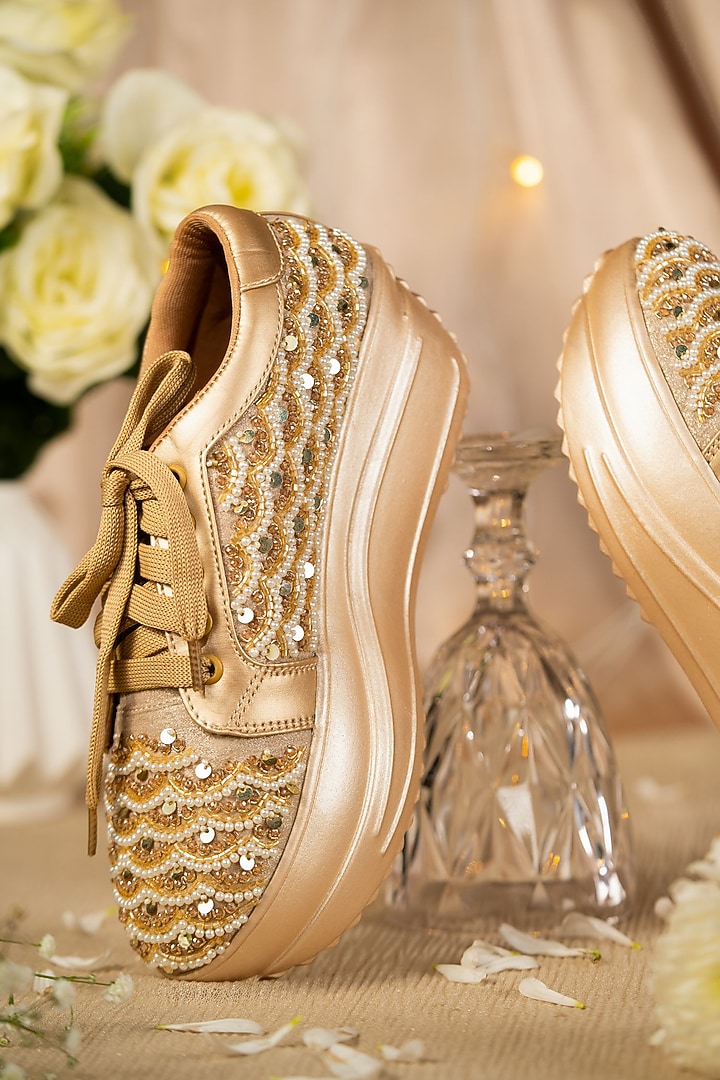 Gold Satin Dabka Work Sneakers by House of Vian at Pernia's Pop Up Shop