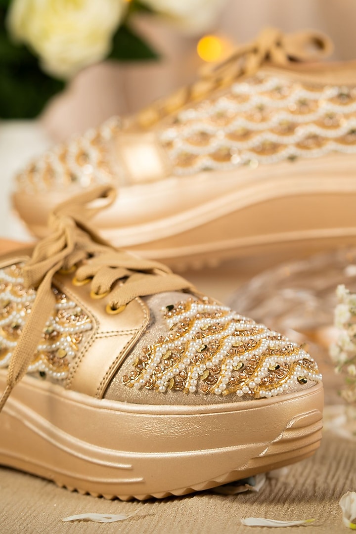 Gold Satin Dabka Work Sneakers by House of Vian at Pernia's Pop Up Shop