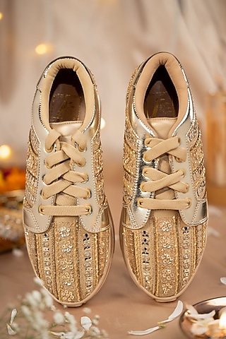 Gold Satin Dabka Work Sneakers by House of Vian